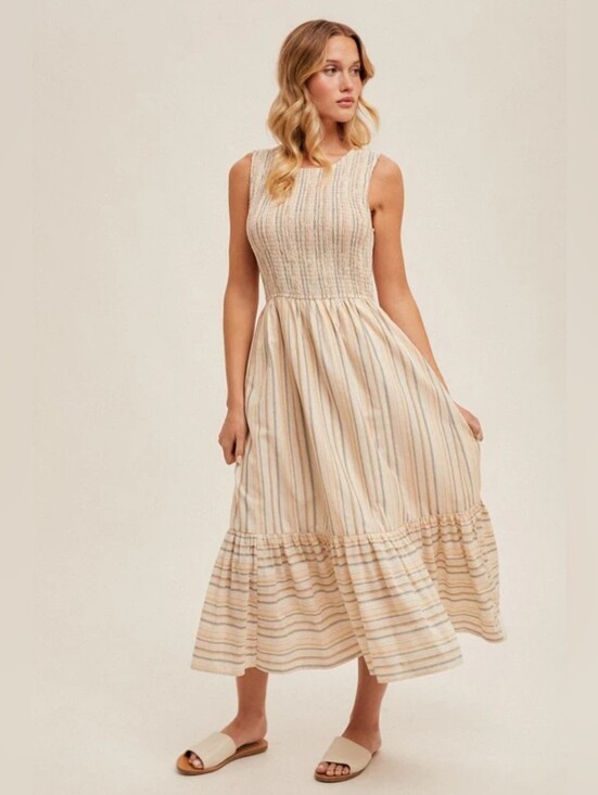 Hem & Thread Dresses & Skirts - Allie Smocked Mixed Stripe Sleeveless Cotton Ruffled Midi Dress